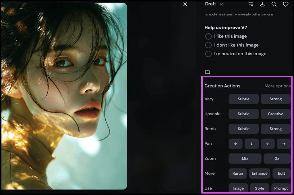 Midjourney Creation Actions & More Options 스크린샷