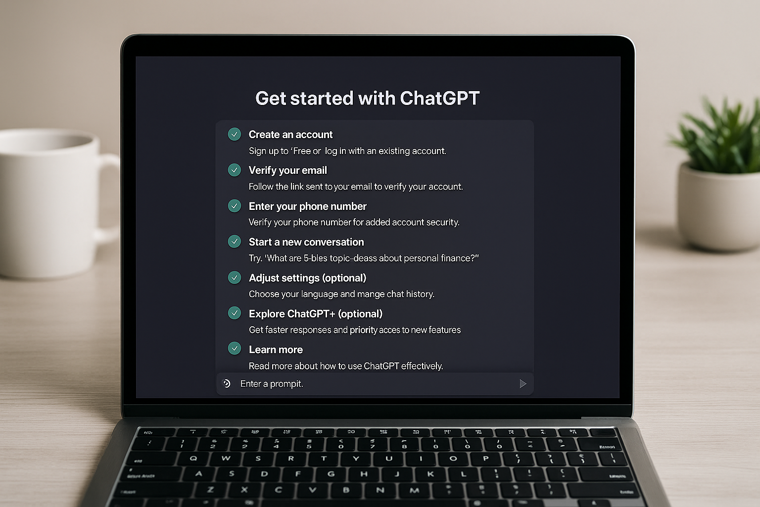 ChatGPT 웹 버전 시작 화면 – 계정 생성부터 프롬프트 입력까지 8단계 사용 가이드를 보여주는 노트북 인터페이스