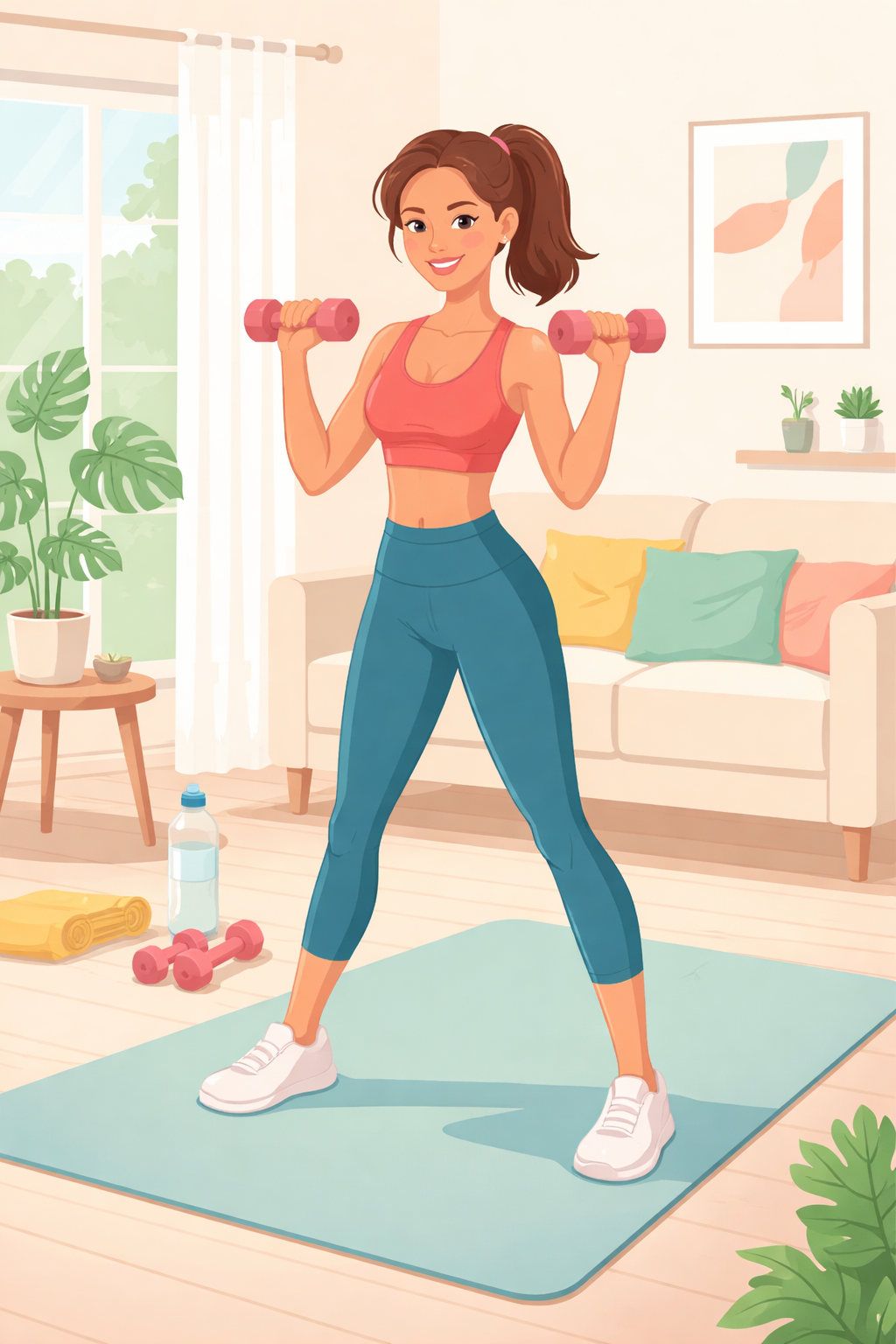 30대 여성이 집에서 운동하는 건강한 생활 모습, 밝은 분위기