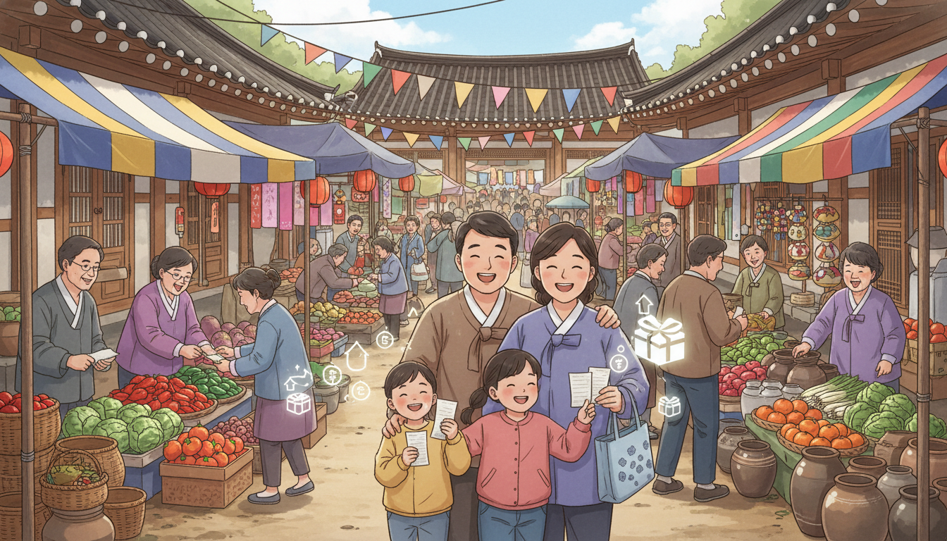 곡성 전통 시장에서 사람들이 활기차게 쇼핑하며 지역 특산물을 구매하는 모습. 캐시백 혜택을 상징하는 영수증이 강조되어 있다.