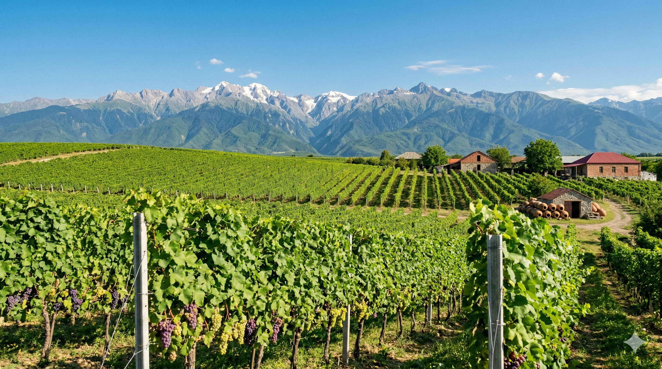 조지아 카헤티 지역의 눈부신 여름 포도밭 풍경