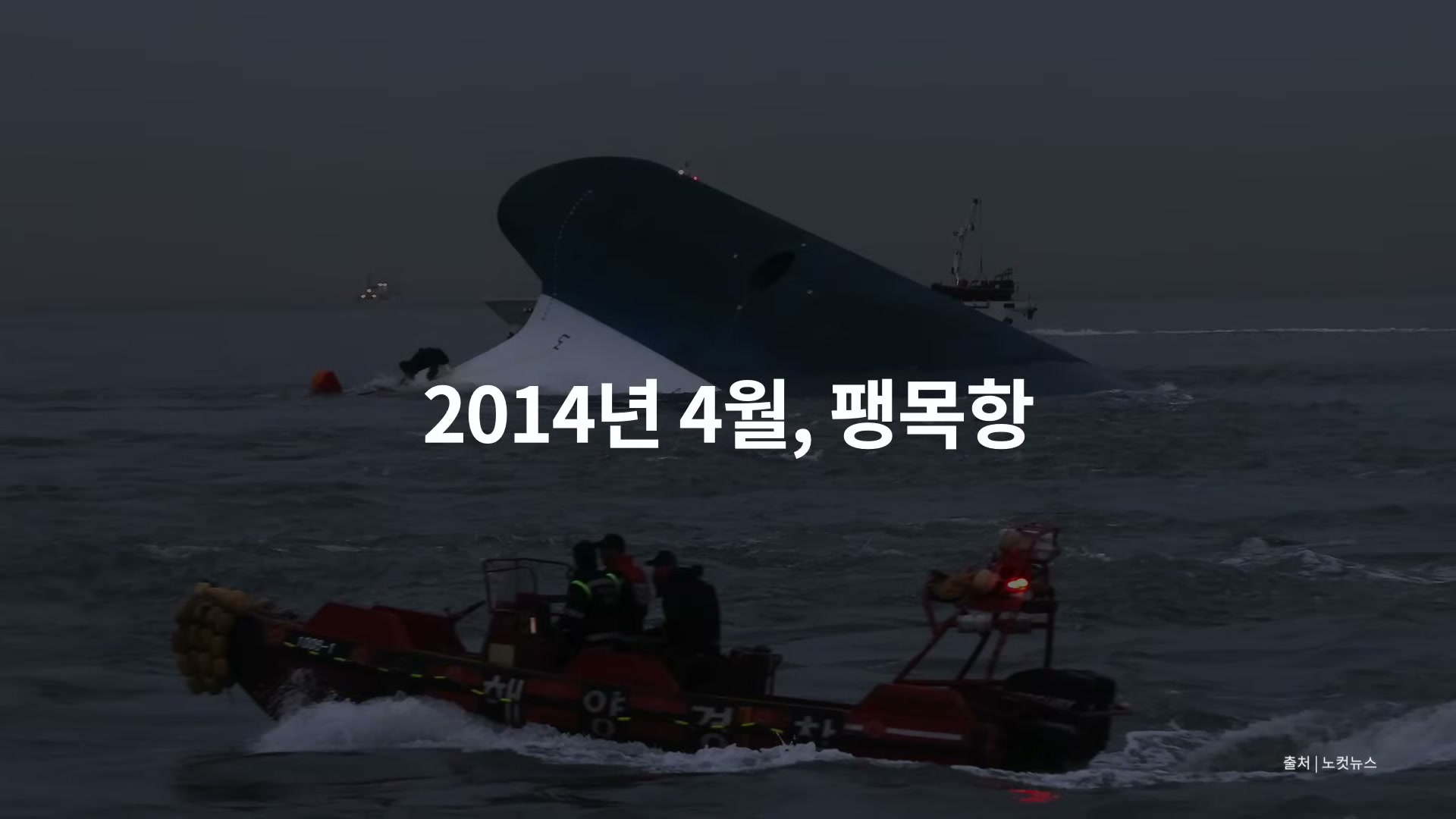 자막 "2014년 4월, 팽목항"이 적힌 세월호 침몰 현장과 해양경찰 보트