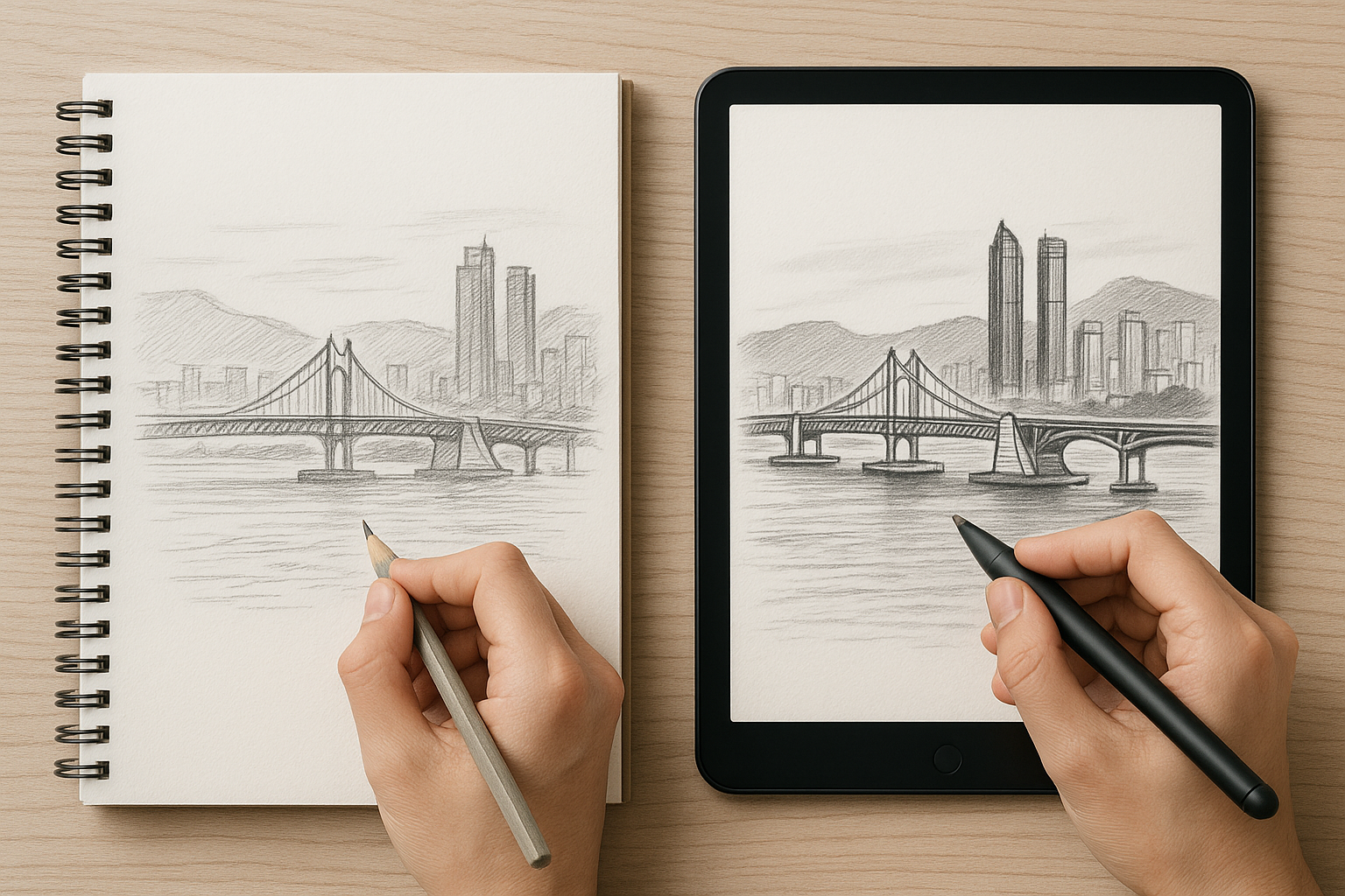 아날로그 그림과 디지털 그림 이미지