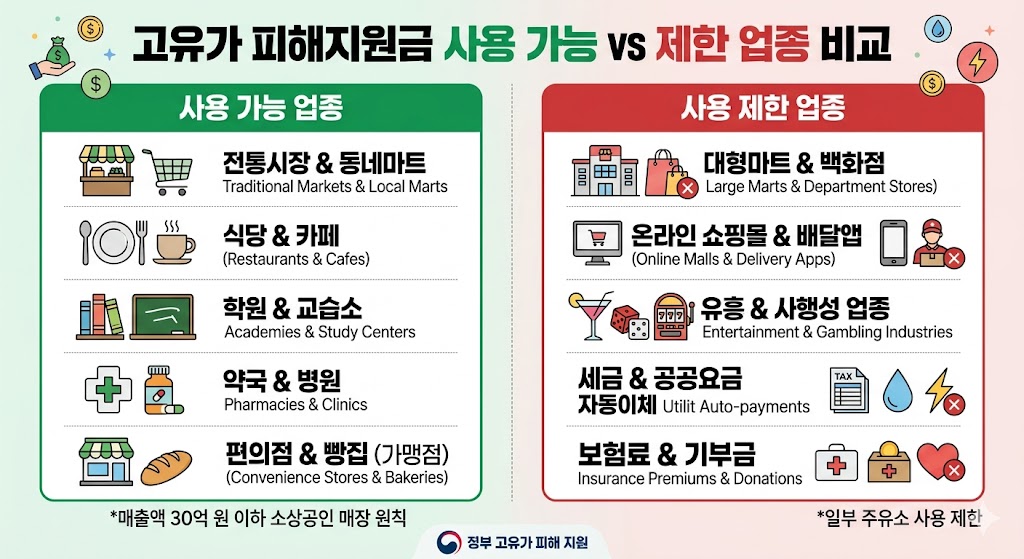 사용 가능 업종과 제한 업종 비교 이미지