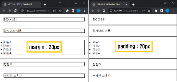 좌) margin 바깥여백 적용&#44; 우) padding 안쪽여백 적용