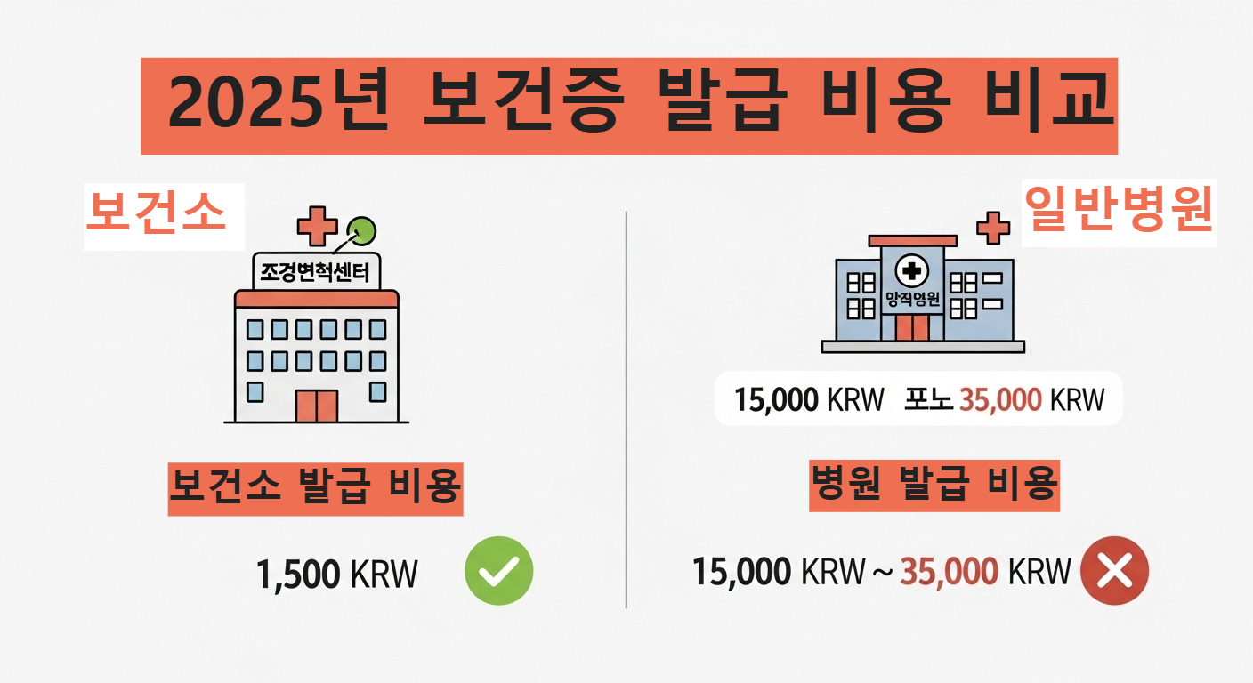 2025년 보건증 발급 시 보건소와 병원의 비용 차이를 명확히 보여주는 인포그래픽. 각 기관별 예상 비용이 표시되어 있습니다.
