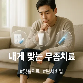 밝고 깨끗한 배경의 거실 소파에 한 인물이 편안하게 앉아, 자신의 발을 내려다보며 어떤 치료를 받을지 고민하는 듯한 진지하면서도 희망적인 표정을 짓고 있다. 발 앞쪽으로 먹는 약(알약), 바르는 약(튜브), 레이저(푸른 빛줄기)를 상징하는 세 가지 아이콘이 반투명하게 떠 있다. 전체적으로 부드러운 자연광이 들어오는 따뜻하고 신뢰감 있는 분위기. 인물의 발은 깨끗하게 표현. 실사 스타일, 고화질.