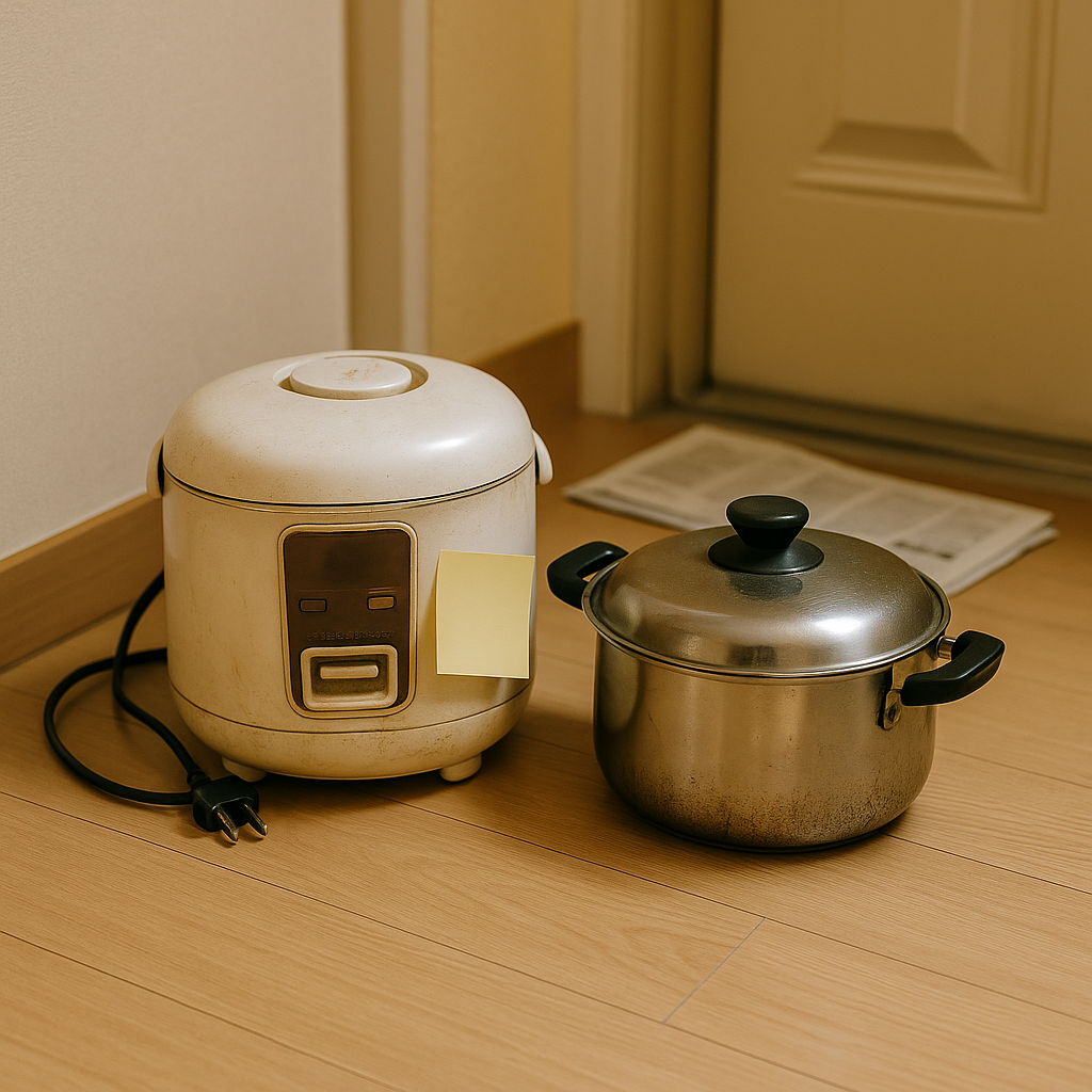 현관 앞 바닥에 전기 플러그가 달린 낡은 전기밥솥과 스테인리스 냄비가 나란히 놓여 있고, 밥솥 앞면에는 메모지가 붙어 있으며 뒷편에는 신문지가 깔려 있는 모습