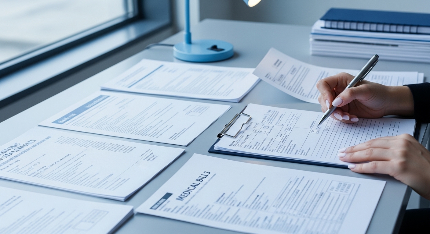 연말정산에 필요한 의료비, 교육비 등 다양한 증빙 서류들을 꼼꼼하게 정리하고 준비하는 모습.