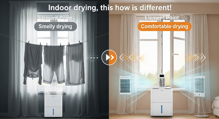 빨래 옆에 수평으로 놓인 서큘레이터와, 대각선 반대편에 위치한 제습기. 창문이 미세하게 열려 있고 건조대는 벽에서 떨어진 무릎보다 높은 위치에 놓여 있음.