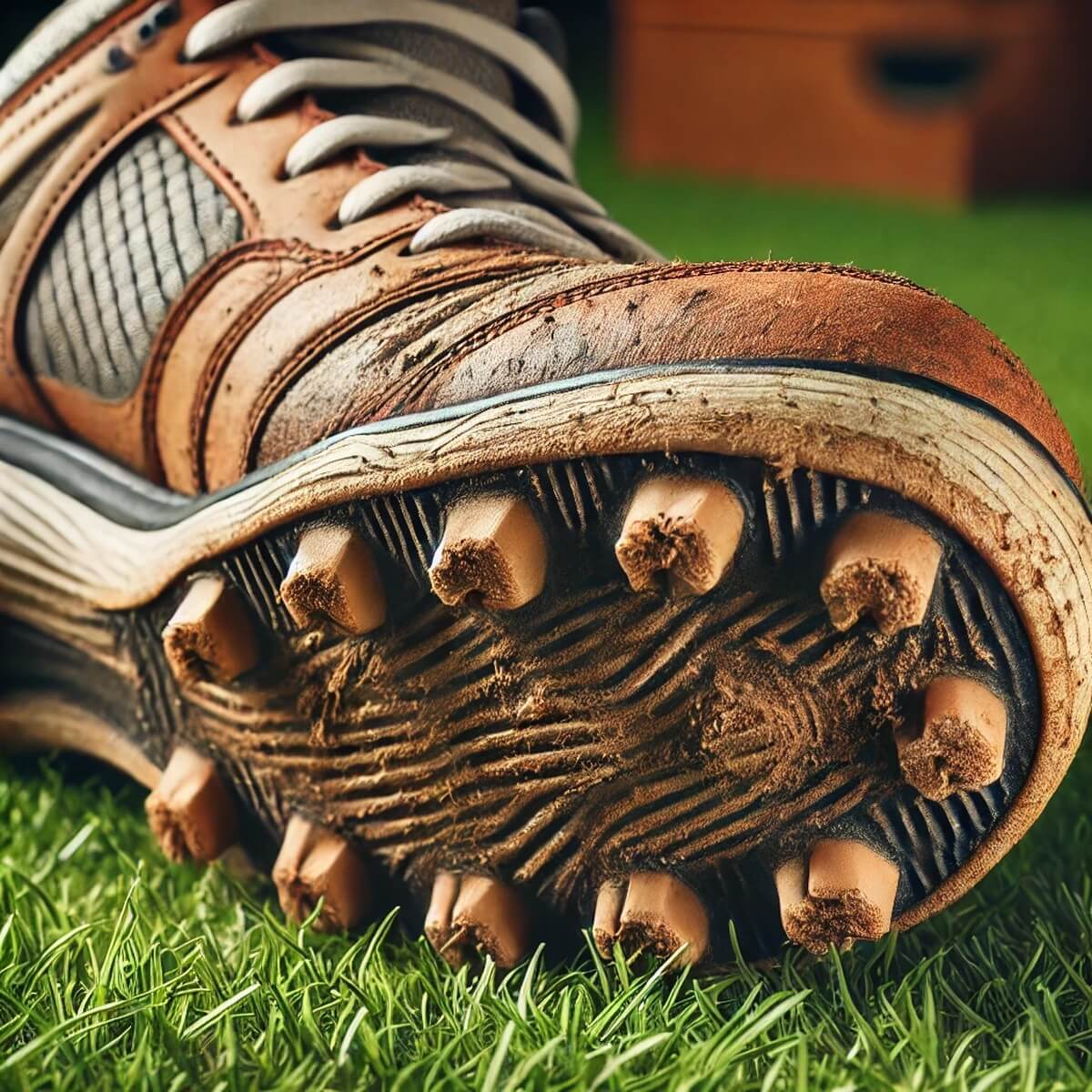 밑창이 닳은 야구 스파이크를 가까이서 촬영한 이미지