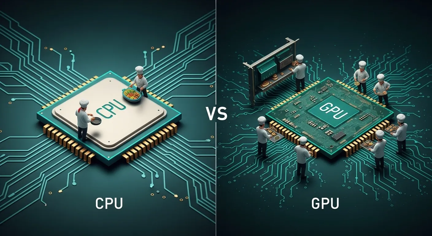 CPU와 GPU의 비교. CPU는 소수의 강력한 코어로 순차 처리, GPU는 수많은 코어로 병렬 처리하여 AI 연산에 적합함을 보여주는 이미지.