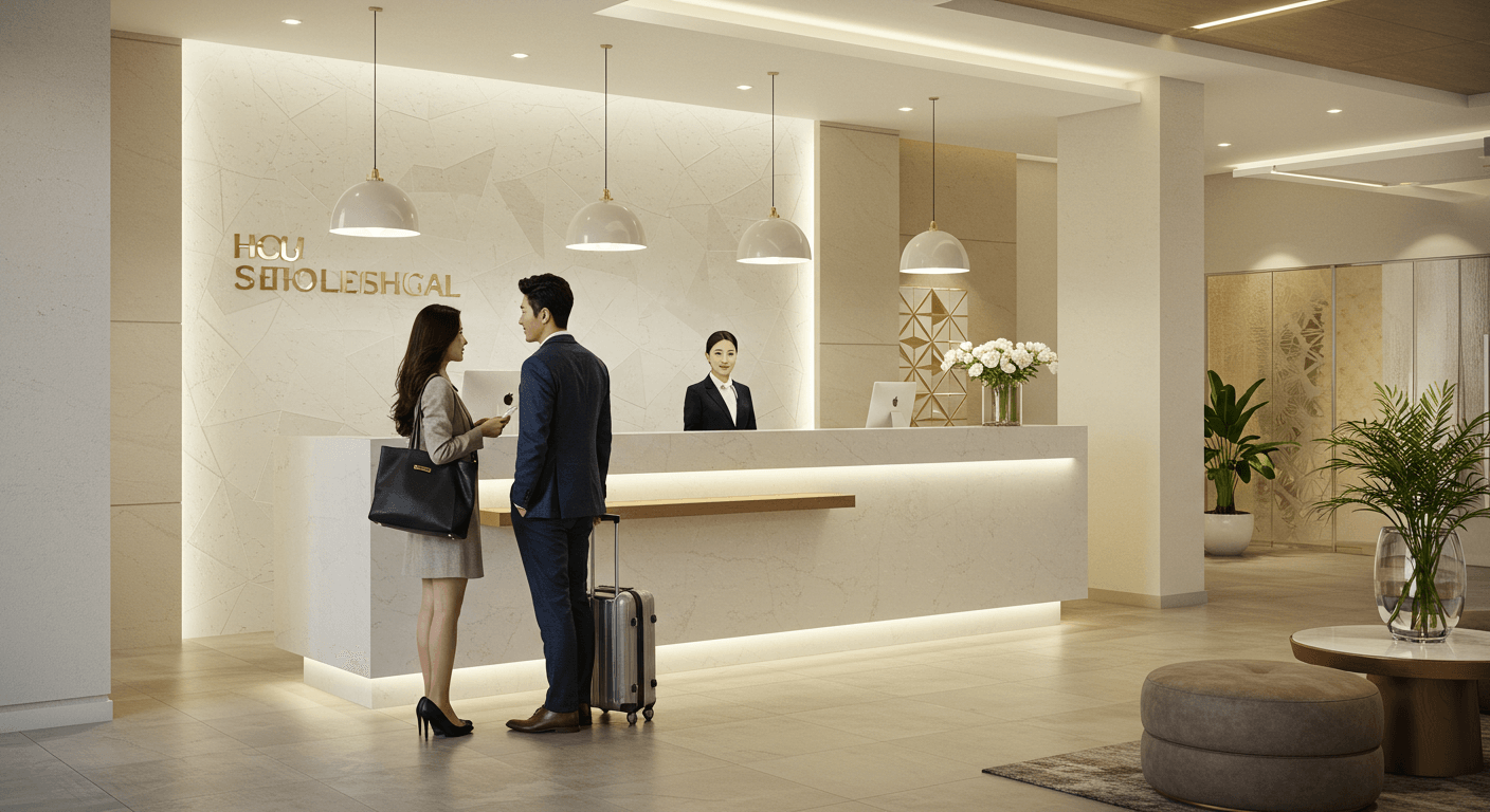 커플이 호텔 프런트에서 숙소 체크인을 준비하는 모습 1