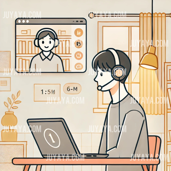 육아휴직 활용법 : 육아휴직 중 부모가 밝은 방에서 헤드폰을 착용하고 온라인 워크숍에 참여하며 집중하는 모습. 간결한 배경과 따뜻한 색감의 웹툰 스타일.