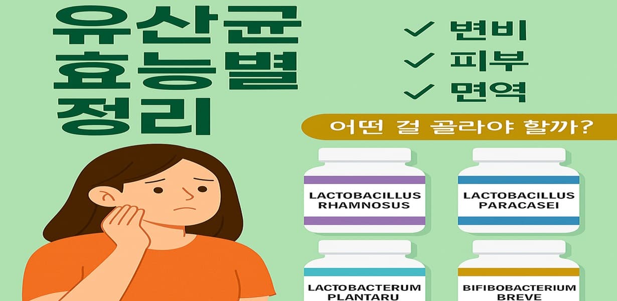 “고민하는 여성과 함께 변비·피부·면역 항목별로 유산균 병이 나열된 효능별 유산균 인포그래픽”