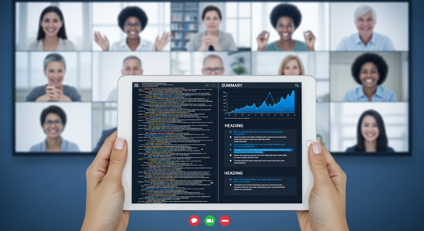 AI 비서가 복잡한 회의록을 핵심 요약으로 정리하는 모습을 태블릿에 시각화하여 보여주는 이미지.