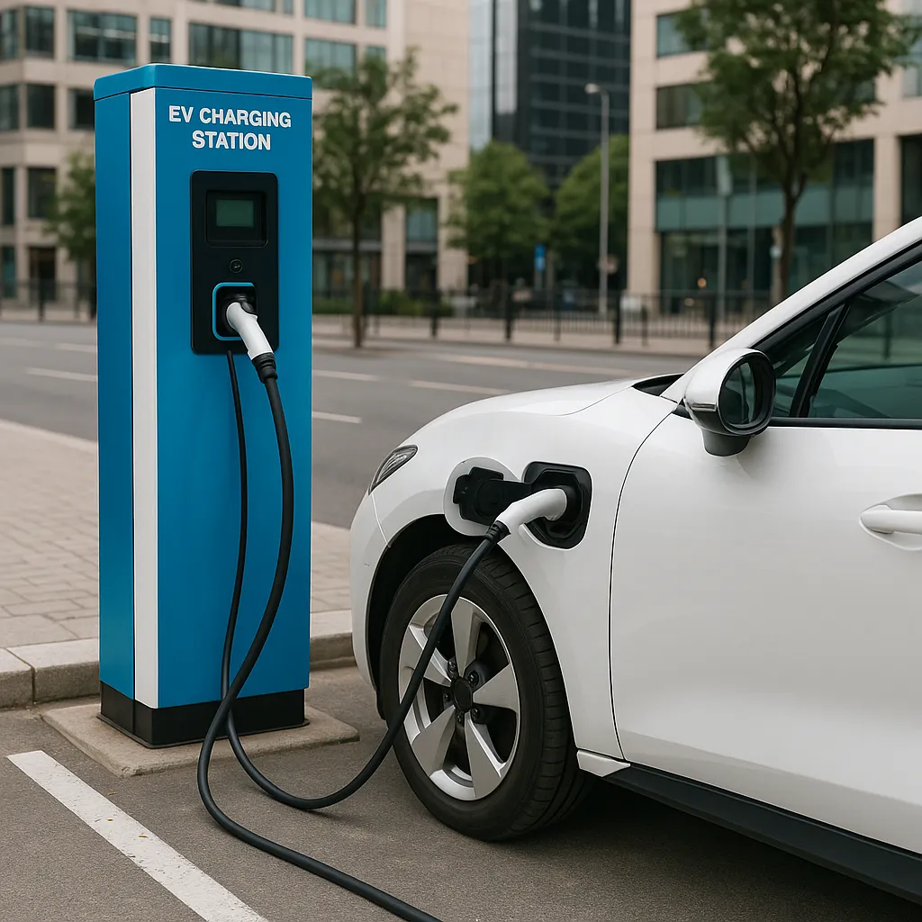 도심 공용 급속 충전소에서 전기차가 충전되고 있는 장면