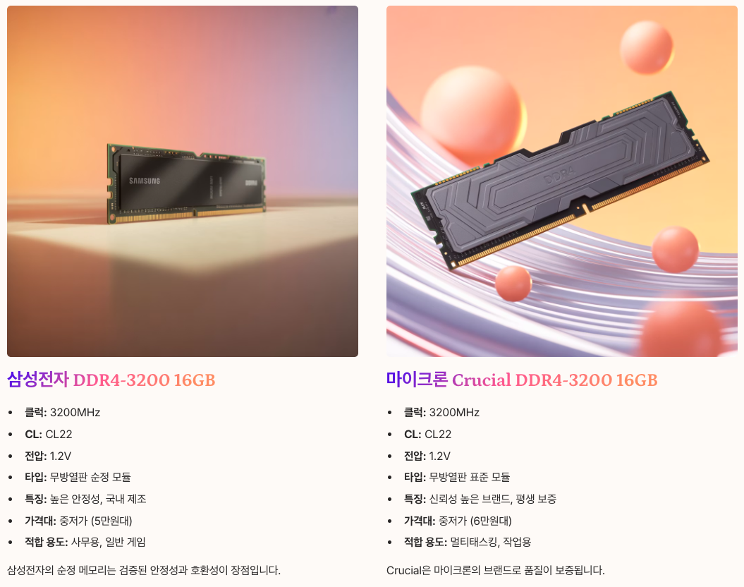 DDR4 16GB 가성비 중심 선택 제품군 정리