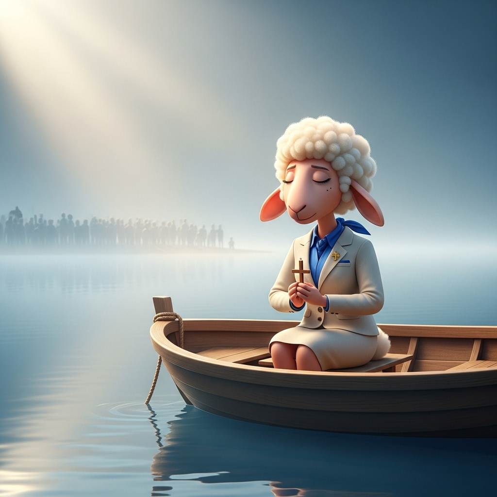소란스러운 군중을 뒤로하고 배 위에서 고요히 기도하며 평화를 찾는 정장 차림의 양 선생님 캐릭터