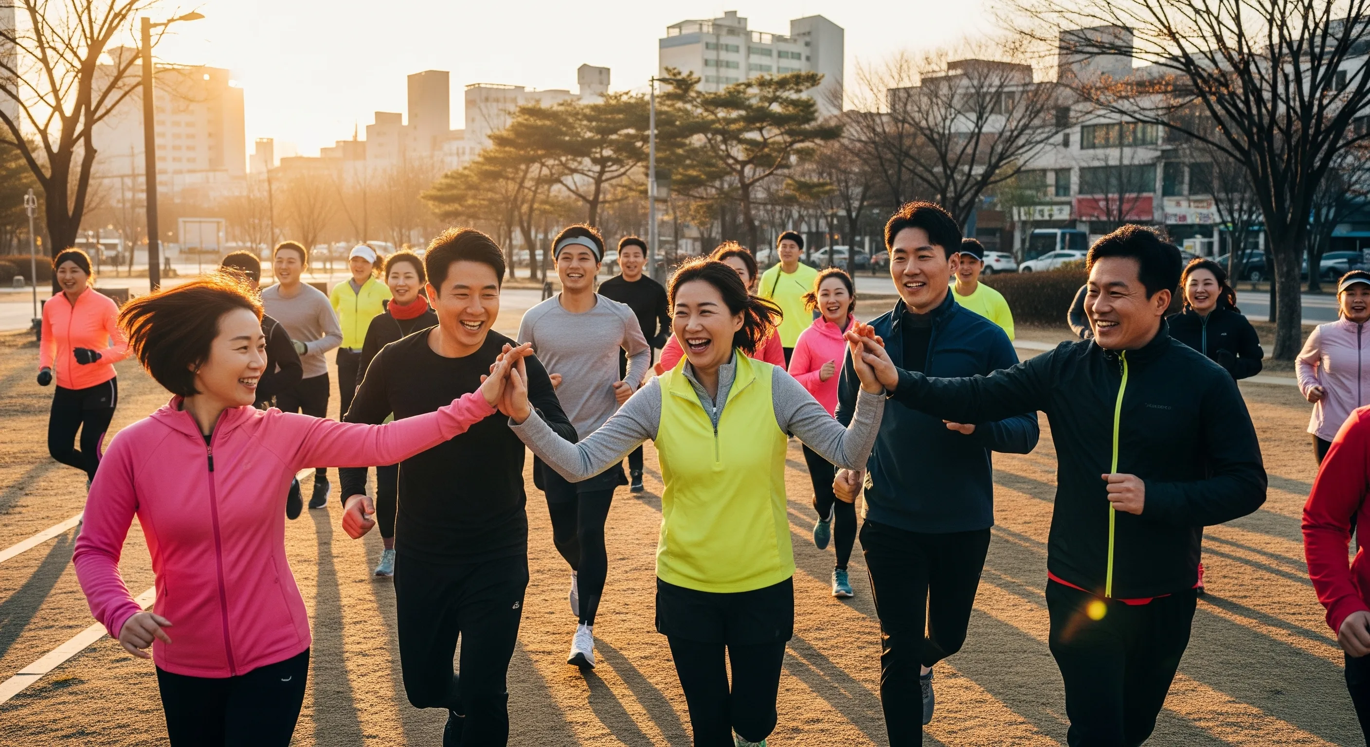 도시 공원에서 함께 러닝하며 활기차게 운동하는 다양한 연령대의 스포츠 크루 멤버들.