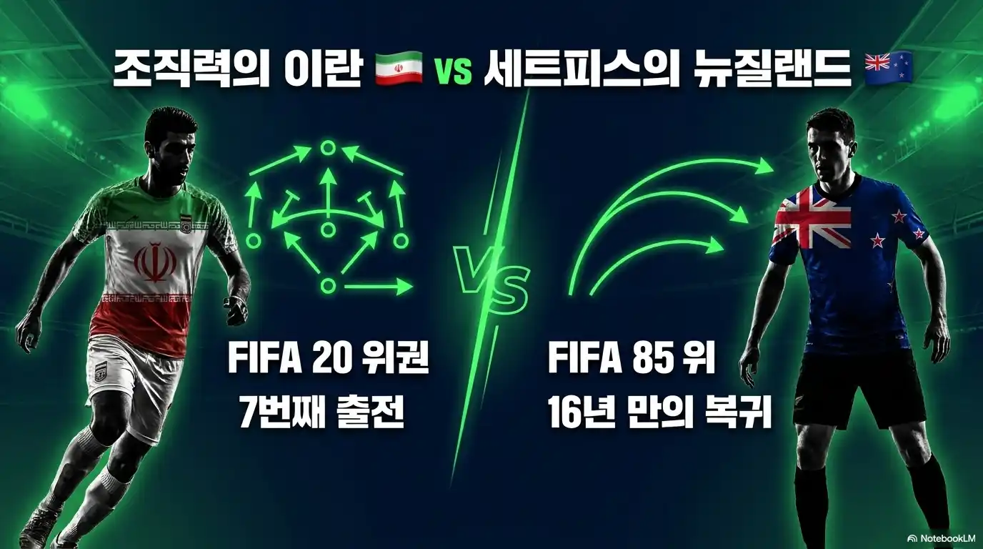 이란 FIFA 랭킹 20위 7번째 월드컵 출전 vs 뉴질랜드 FIFA 랭킹 85위 16년 만의 월드컵 복귀 팀 비교 인포그래픽