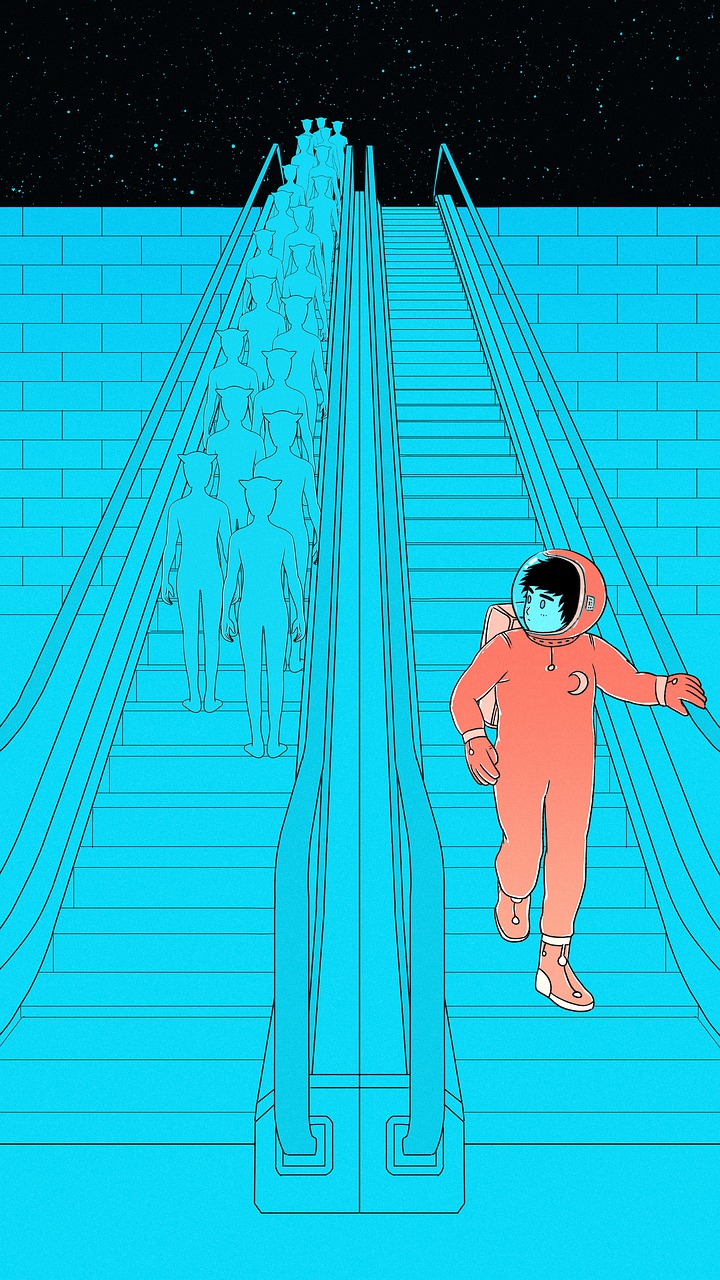 우주 에스컬레이터를 내려오는 외계인과 우주인의 모습