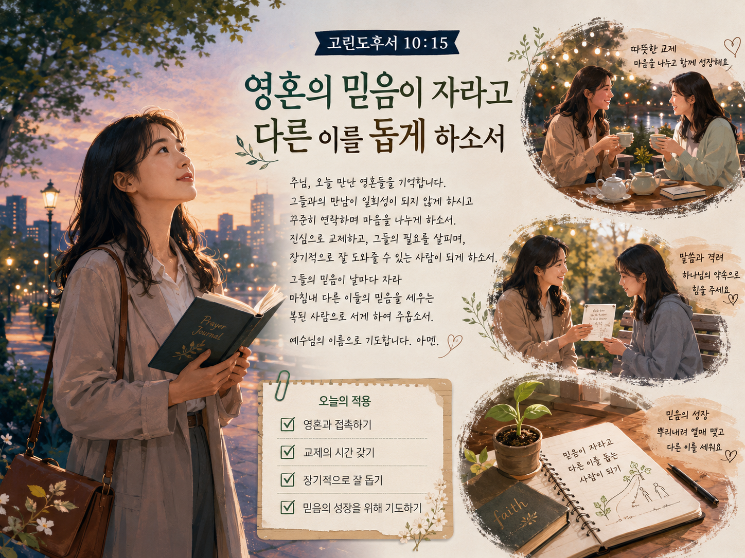 고후 10:15 말씀에서 영혼에 대해 가져야 하는 태도는 그들의 믿음이 성장하고 다른 사람을 돕는데까지 이르게 되어야 함을 기억하며&amp;#44; 영혼을 접촉하고 교제하는 시도를 하고&amp;#44; 장기적인 관점에서 영혼과 잘 접촉하고 잘 돕는데 이르게 되도록 기도하는 시간을 갖는 모습입니다.