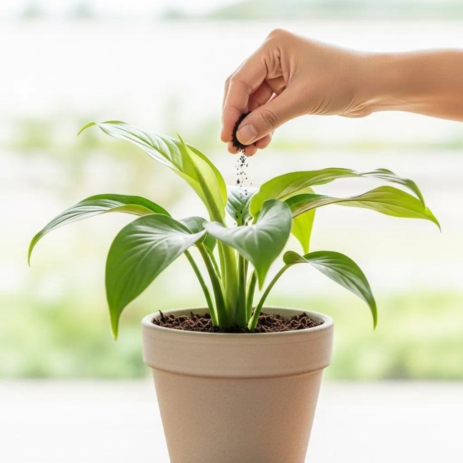 화분 흙에 커피찌꺼기 비료 주는 손