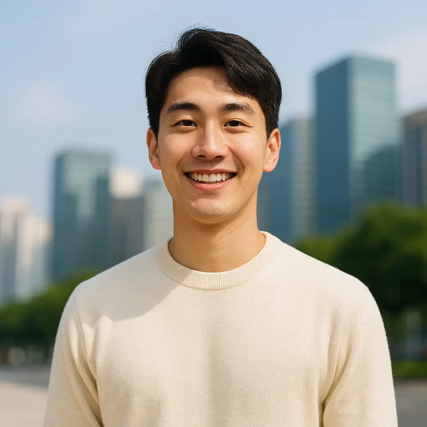 서울 도심에서 환하게 웃는 한국인 청년의 밝고 긍정적인 표정 이미지