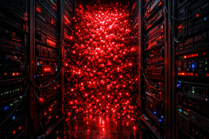 데이터 센터 서버 룸에서 발생하는 데이터 전송 병목 현상과 과부하 시각화