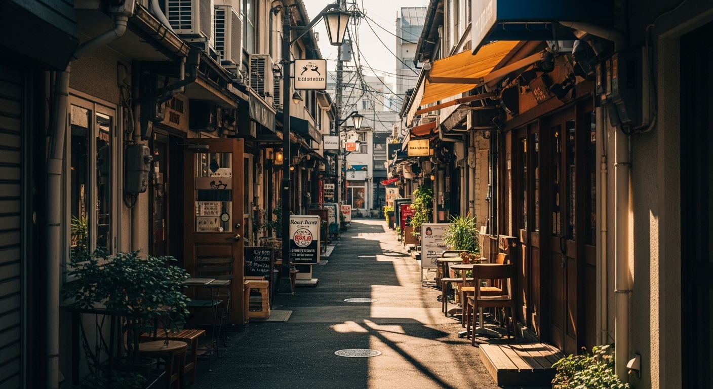 시모키타자와의 좁고 아기자기한 골목길. 감성적인 작은 상점들이 늘어서 있고, 따뜻한 햇살이 비칩니다.