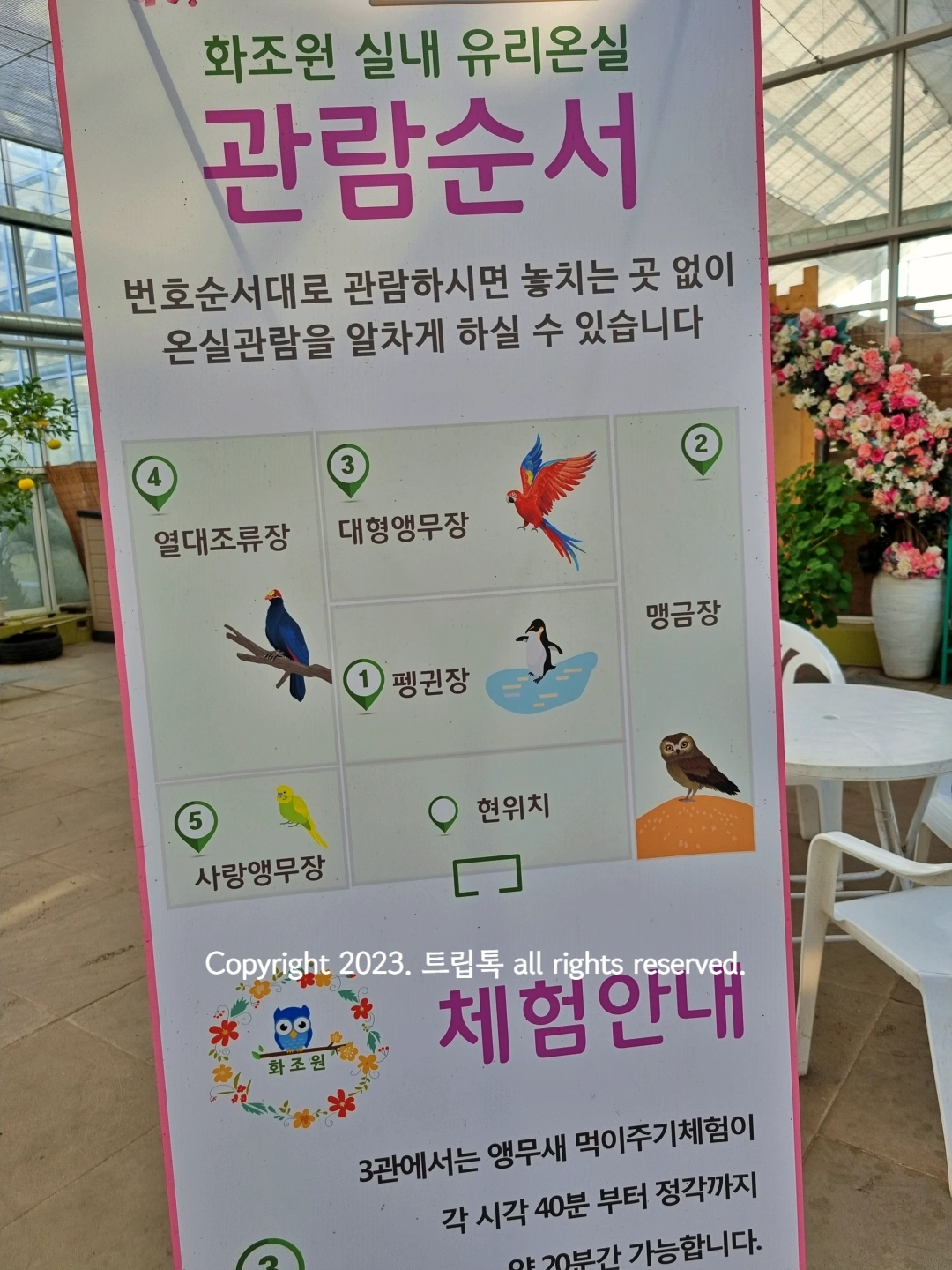 입간판에 유리온실 관람순서가 적혀있다