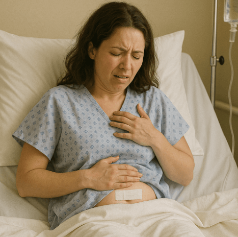 CRPS 원인을 아는 수술복을 입은 여자