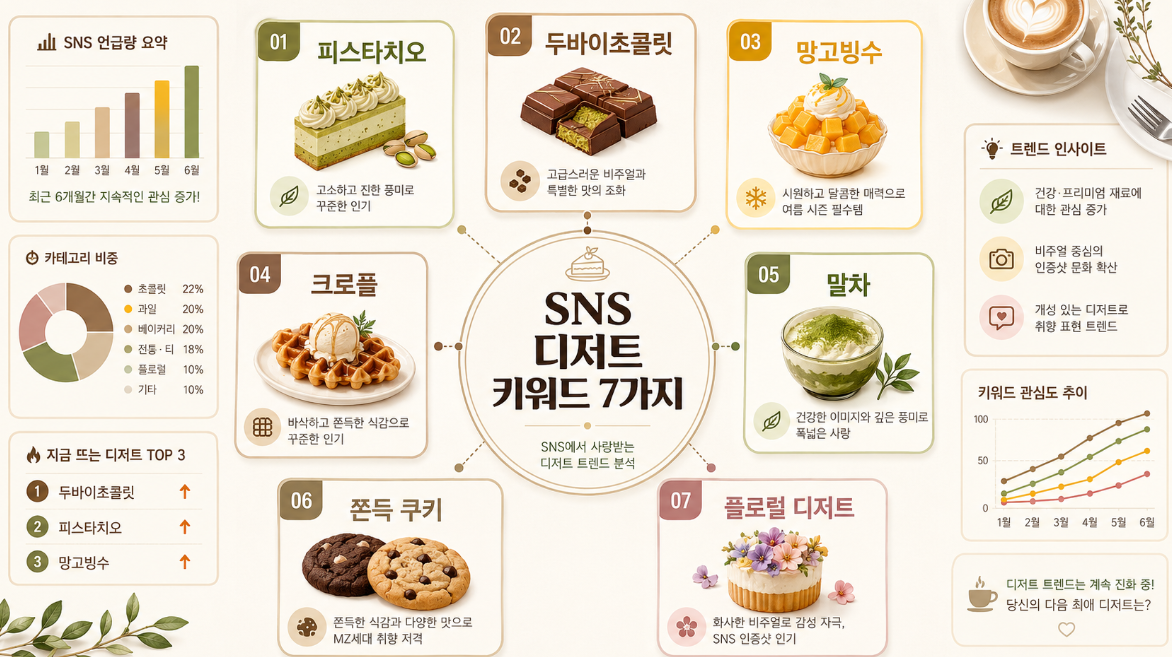 피스타치오, 두바이초콜릿, 망고빙수, 크로플, 말차, 쫀득 쿠키, 플로럴 디저트를 정리한 인포그래픽