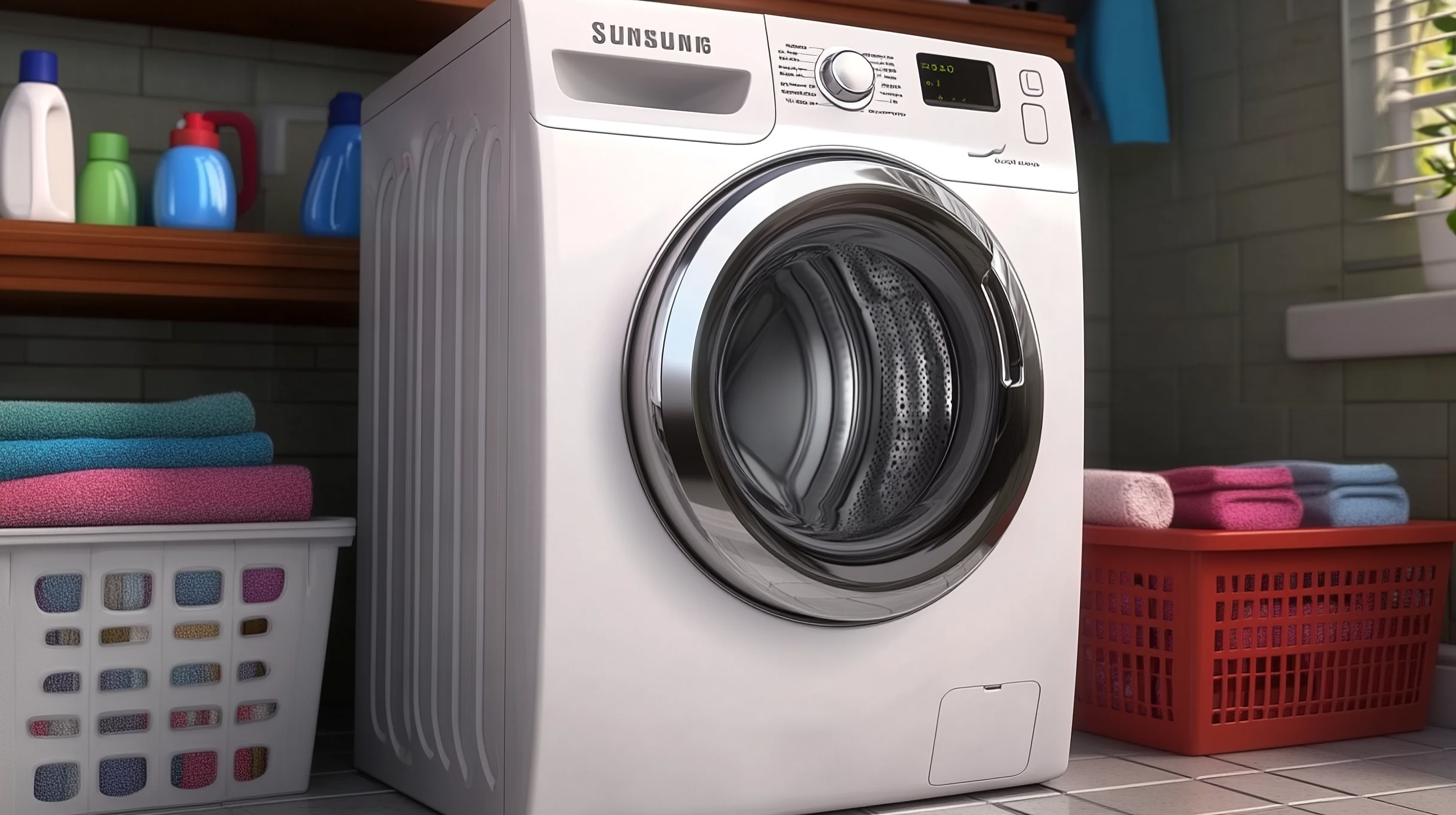 삼성 세탁기가 현대적인 가정 내부에 고급스러운 미감을 강조하며 잘 어우러진 스타일리시한 모습입니다.