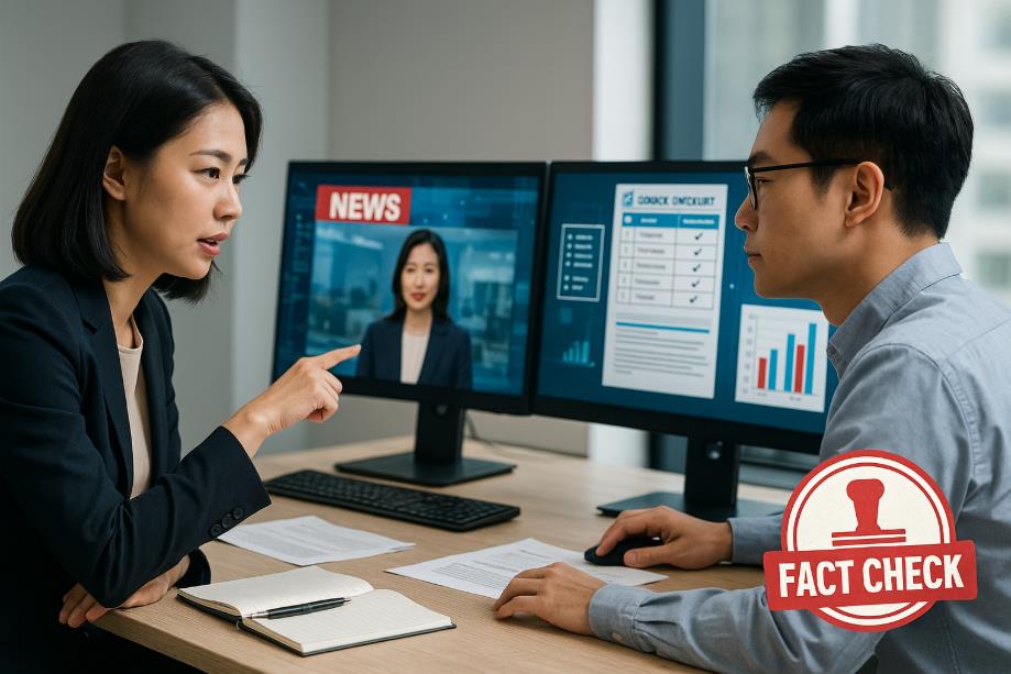 AI 뉴스 화면을 보며 신뢰를 논의하는 기자와 분석가 모습