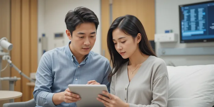 태블릿으로 검사 결과를 확인하는 중년 부부