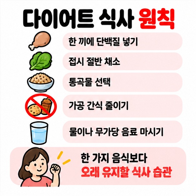 단백질 넣기 채소 절반 채우기 통곡물 선택 가공 간식 줄이기 물 마시기를 체크리스트로 보여주는 카드