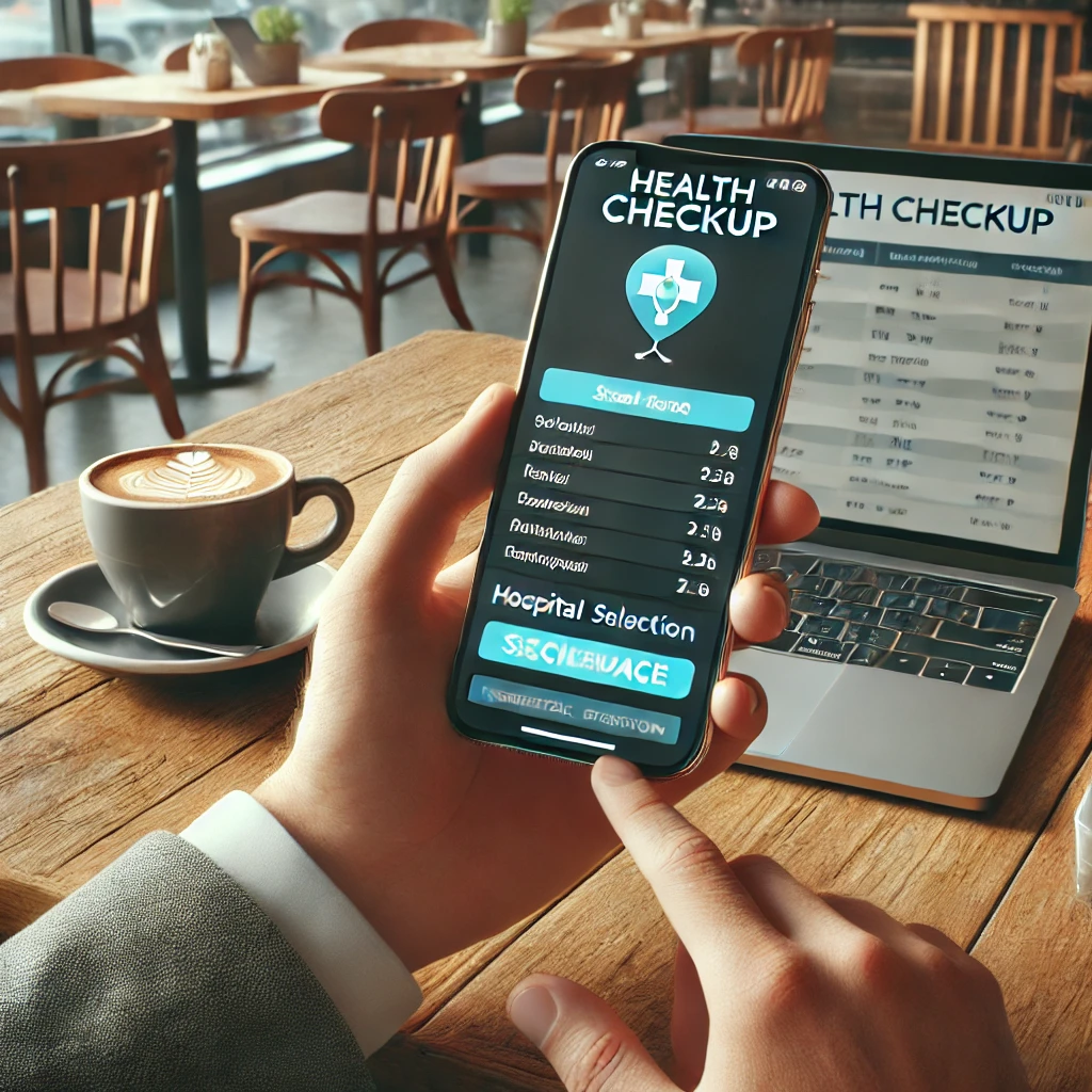 커피숍에서 커피와 노트북&amp;#44; 나무 테이블이 있는 환경에서 스마트폰으로 건강검진 예약을 하는 사람