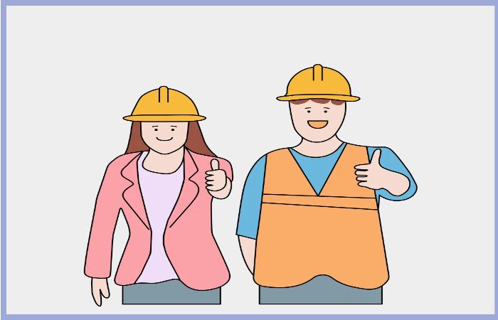 안전모를 착용한 여성과 남성 근로자가 엄지를 들고 웃는 모습의 일러스트