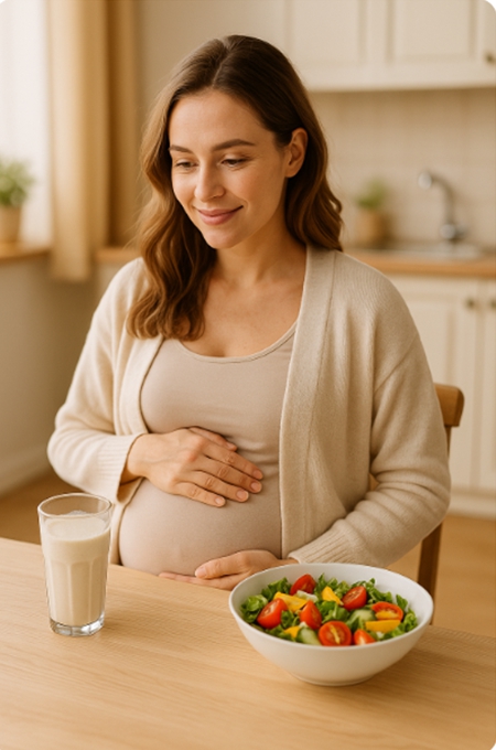 임산부가 주방 식탁에 앉아 샐러드와 단백질 쉐이크를 바라보며 배를 감싸고 있는 모습