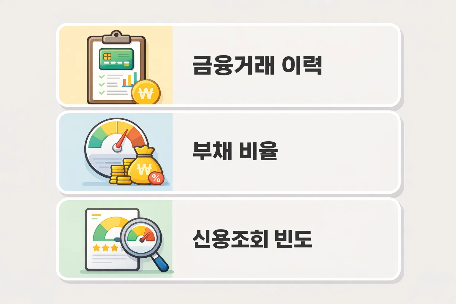 금융거래 이력과 부채 비율·신용조회 빈도가 신용카드 발급 점수 산정에 반영되는 구조를 설명한 인포그래픽