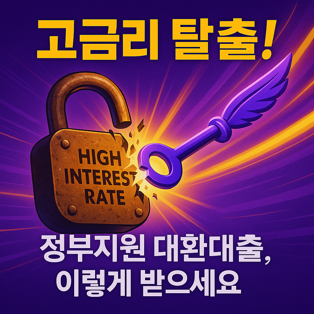정부지원 대환대출 홍보 이미지 – 자물쇠가 깨지며 고금리 탈출을 상징하는 역동적 그래픽