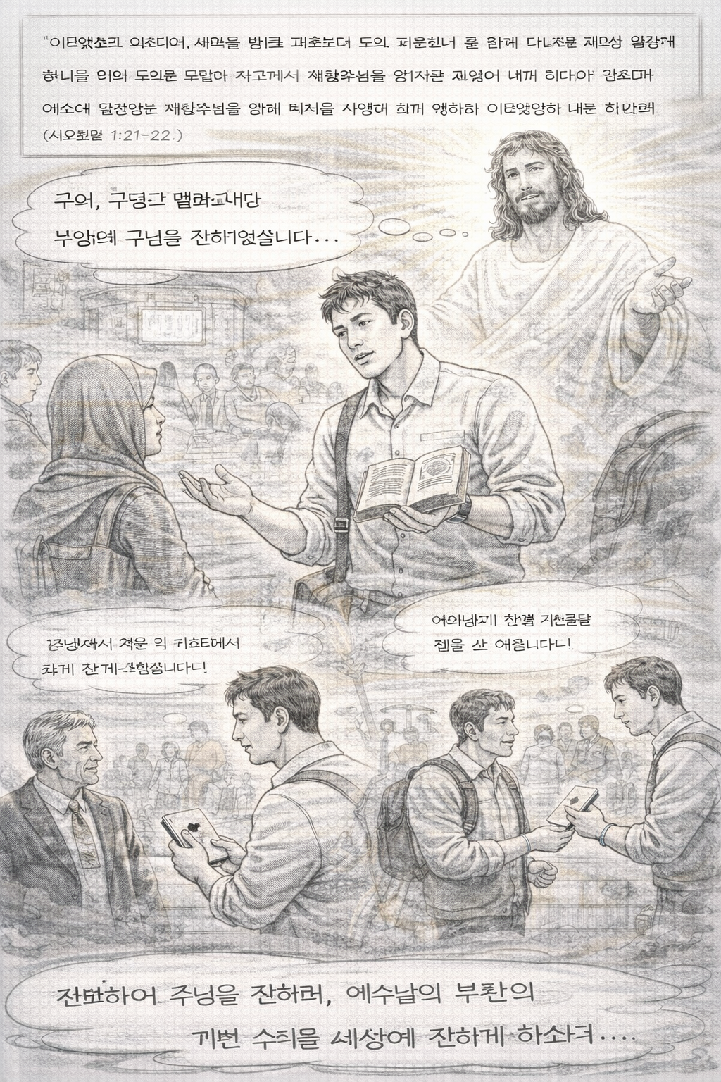 행 1:21-22 말씀을 보며&amp;#44; 예수님께서 죽은 자 가운데서 다시 살아나신 부활을 주변에 전하는 삶을 살아가기를 간절히 기도합니다. 주여 제가 주님의 살아계심을 인정하며 살아가는 삶에서 진보하며&amp;#44; 두렵고 떨리는 마음이지만 주님을 전하는 모습입니다.