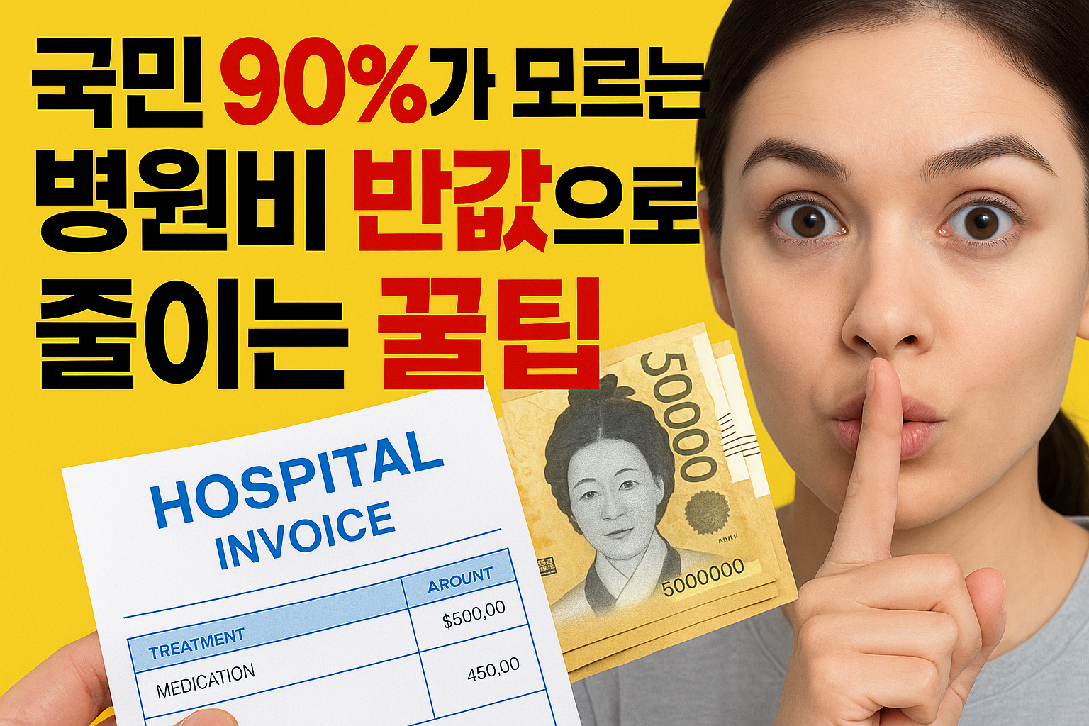 국민 90%가 모르는 병원비 절감 꿀팁, 병원비를 반값으로 줄이는 방법을 시각적으로 표현한 이미지