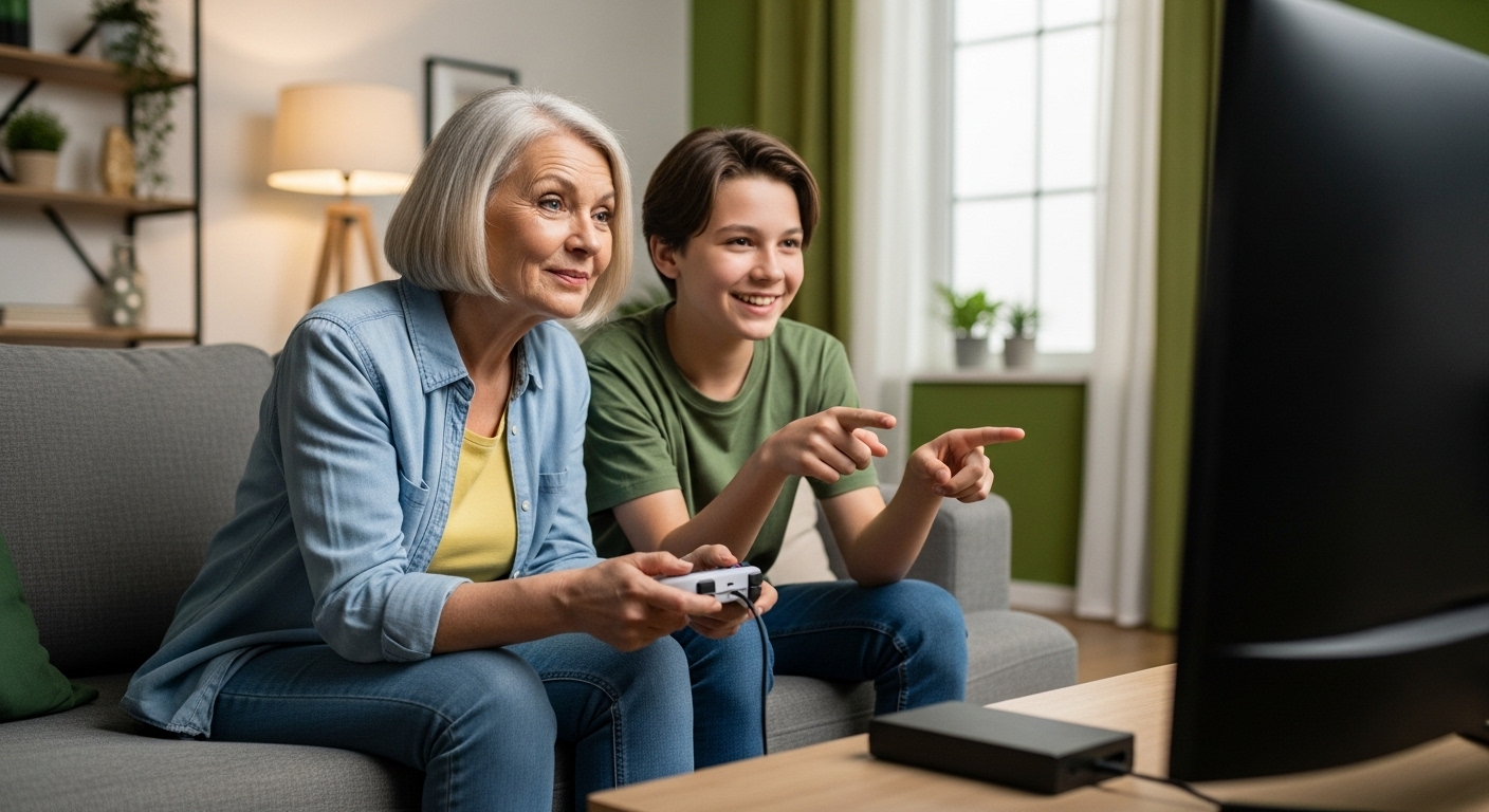 할머니와 십대 손주가 거실에서 함께 캐주얼 비디오 게임을 하며 즐겁게 웃는 모습