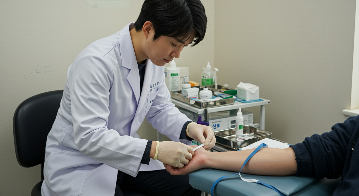 병원에서 환자의 혈액을 채취중인 의사