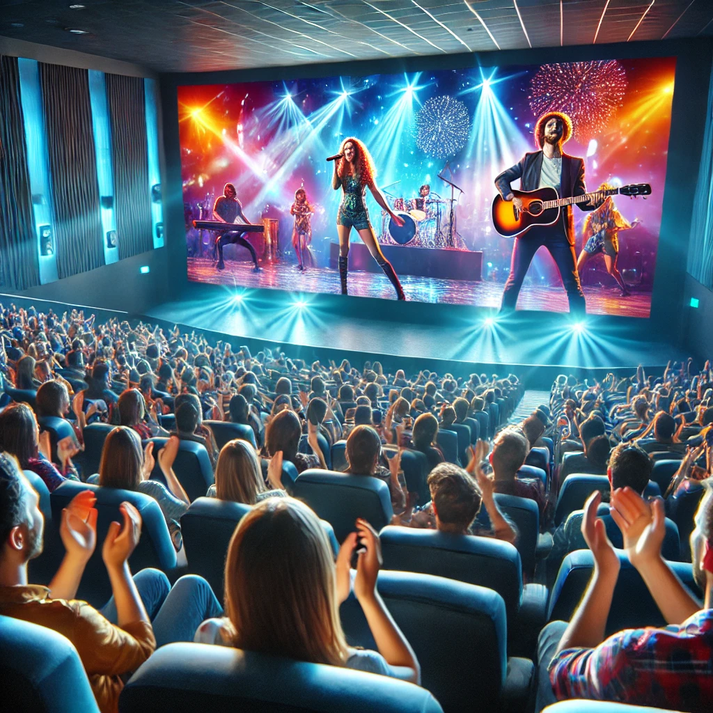 활기차고 몰입도 높은 영화관 환경에서 콘서트 영화를 즐기는 사람들을 묘사한 이미지