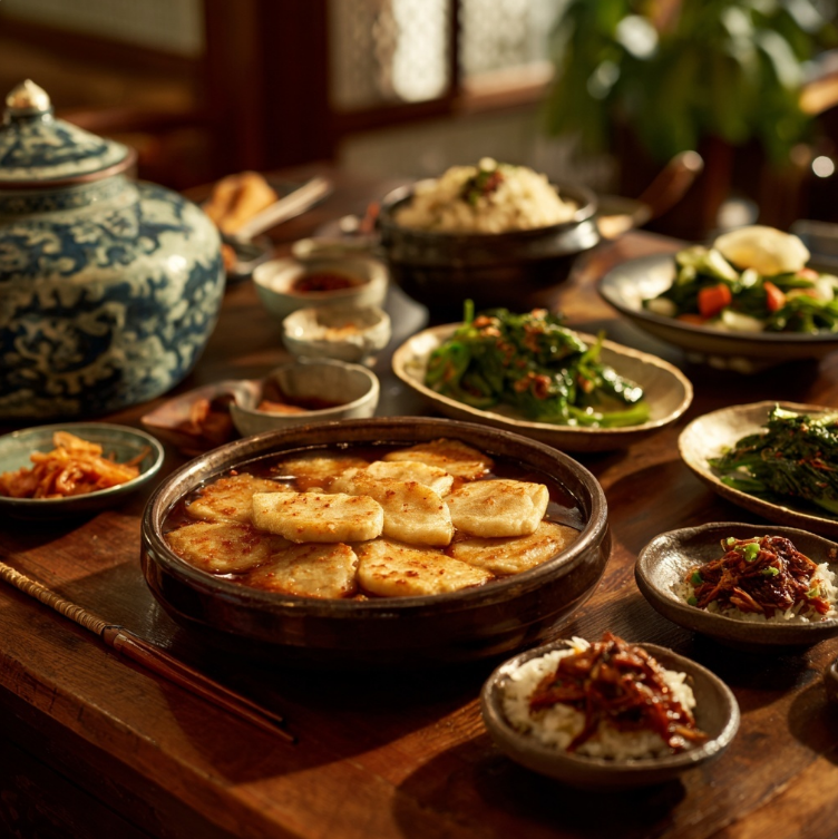 동그랑땡과 잘 차려진 한식 식단