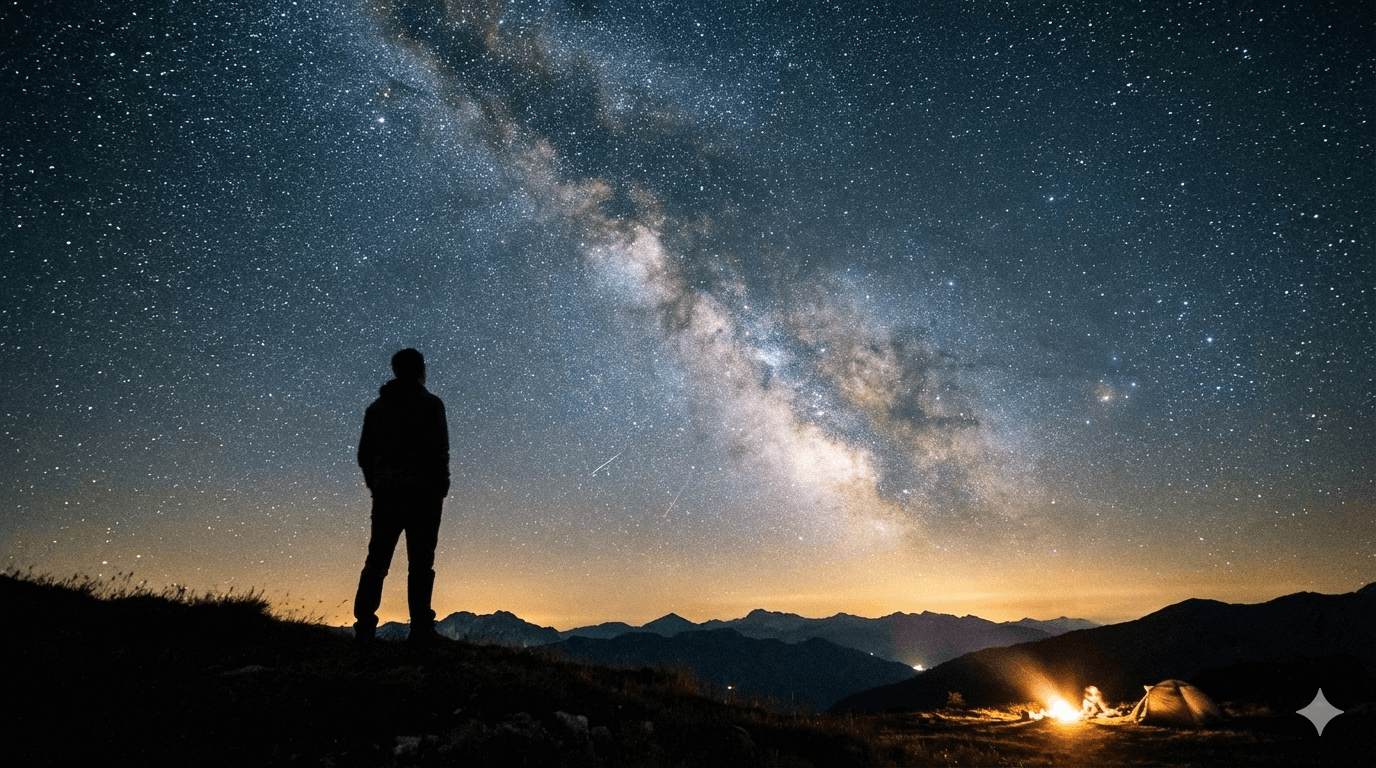 은하수가 쏟아지는 밤하늘을 올려다보는 사람의 실루엣. 몽골여행에서 경험하는 별들의 향연과 치유의 시간이다